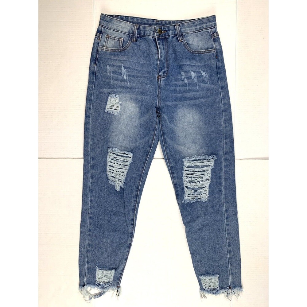 Women Size M Blue Denim Jeans Distressed Ankle W30 L25 High Rise Raw Hem
